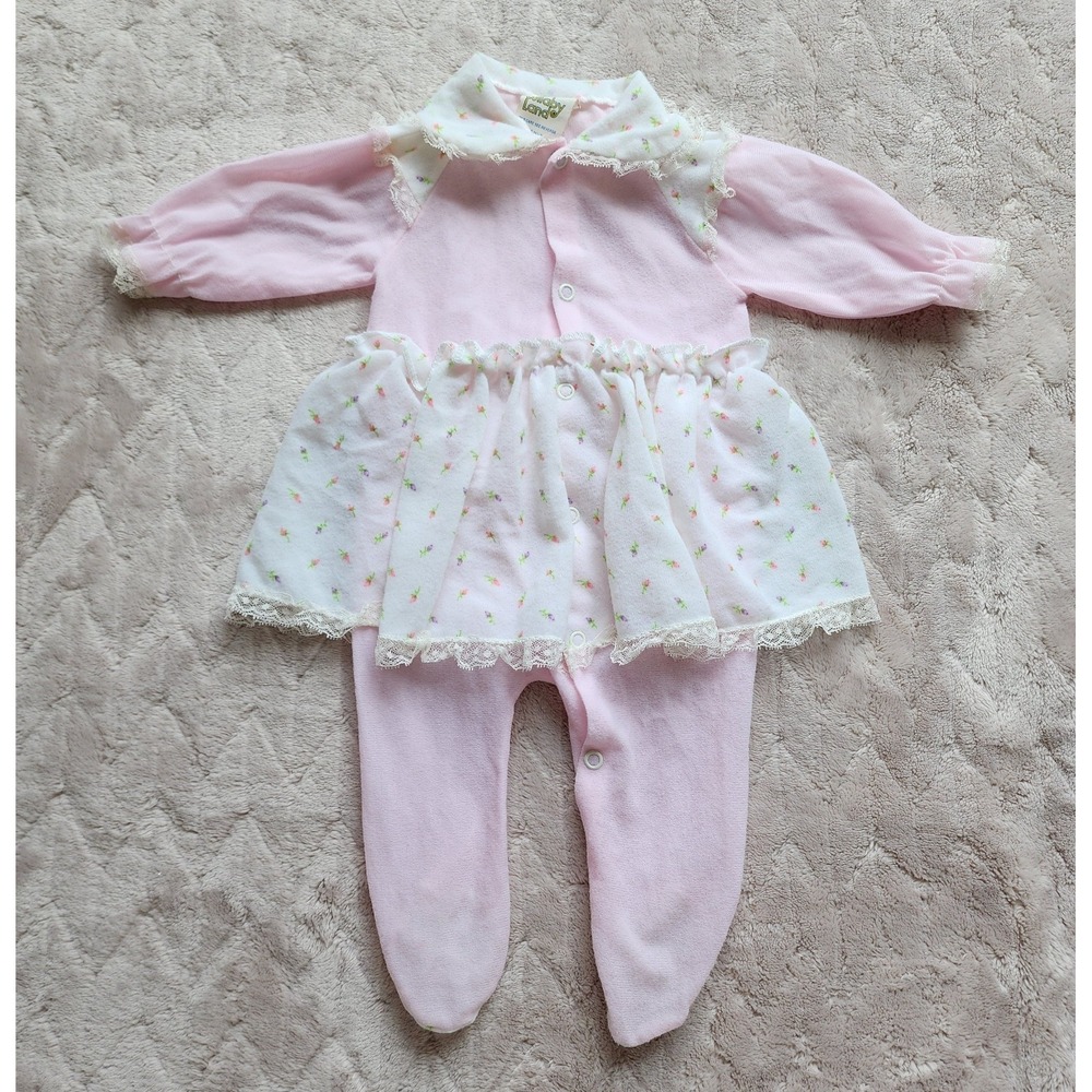 Lullaby Land Baby Girl Vintage Skirted One Piece Pink Floral Lace Size Small